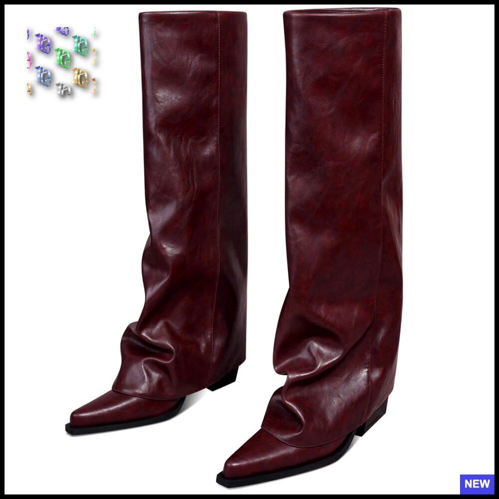 Chunky Heel Over-the-Knee Boots Fold Over Slouchy Pointed Toe Dress Boots